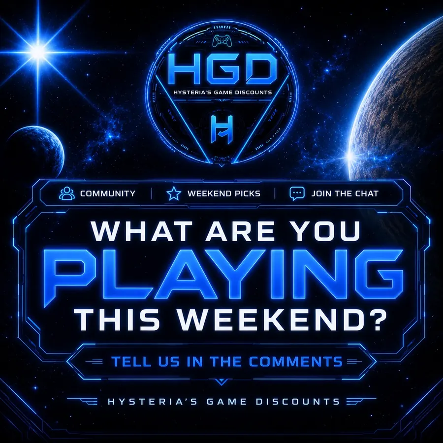 Weekend gaming prompt graphic in a neon sci-fi style